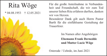 Traueranzeige von Rita Wöge von Harz Kurier