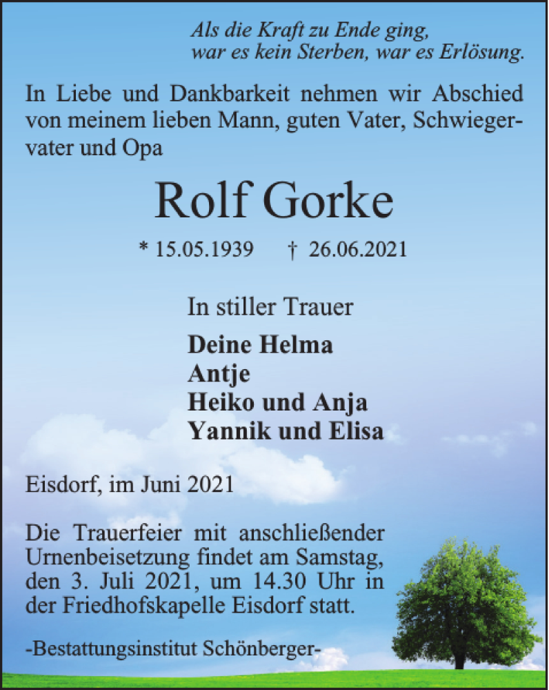  Traueranzeige für Rolf Gorke vom 30.06.2021 aus Harz Kurier