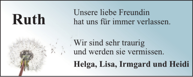  Traueranzeige für Ruth  vom 23.06.2021 aus Harz Kurier