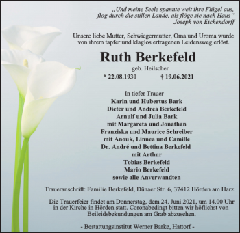 Traueranzeige von Ruth Berkefeld von Harz Kurier