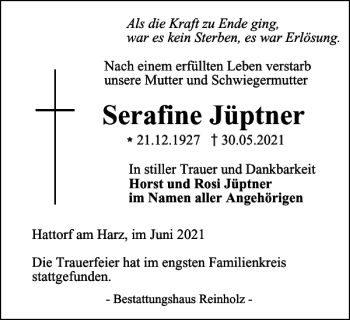 Traueranzeige von Serafine Jüptner von Harz Kurier