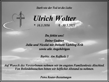 Traueranzeige von Ulrich Wolter von Harz Kurier