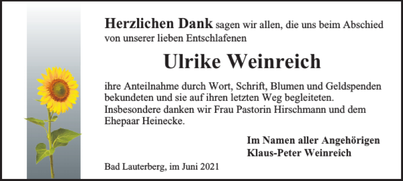  Traueranzeige für Ulrike Weinreich vom 17.06.2021 aus Harz Kurier