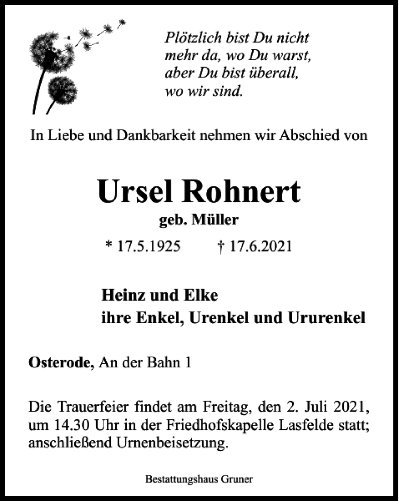  Traueranzeige für Ursel Rohnert vom 26.06.2021 aus Harz Kurier