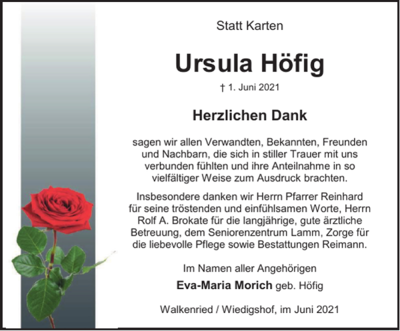  Traueranzeige für Ursula Höfig vom 30.06.2021 aus Harz Kurier