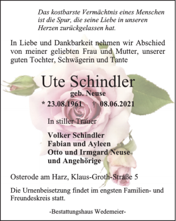 Traueranzeige von Ute Schindler von Harz Kurier