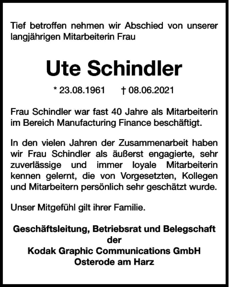  Traueranzeige für Ute Schindler vom 16.06.2021 aus Harz Kurier
