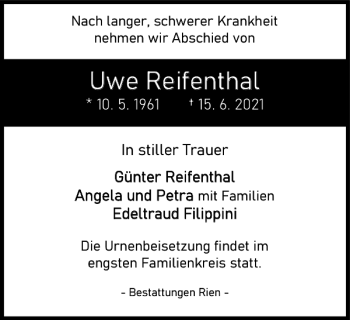 Traueranzeige von Uwe Reifenthal von Harz Kurier