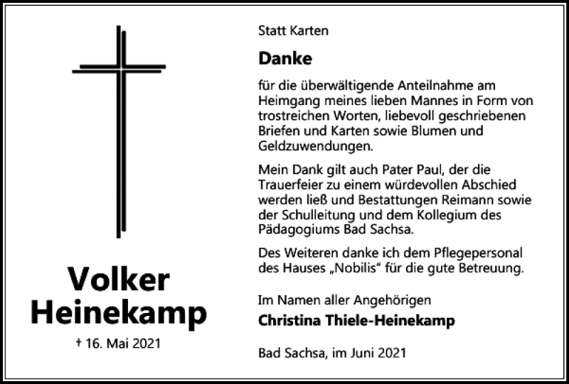  Traueranzeige für Volker Heinekamp vom 09.06.2021 aus Harz Kurier
