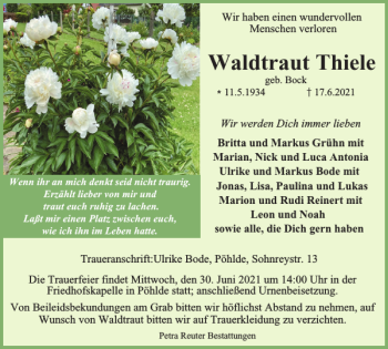 Traueranzeige von Waldtraut Thiele von Harz Kurier