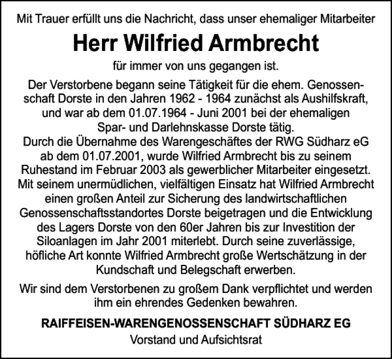  Traueranzeige für Wilfried Armbrecht vom 12.06.2021 aus Harz Kurier