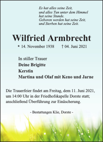 Traueranzeige von Wilfried Armbrecht von Harz Kurier