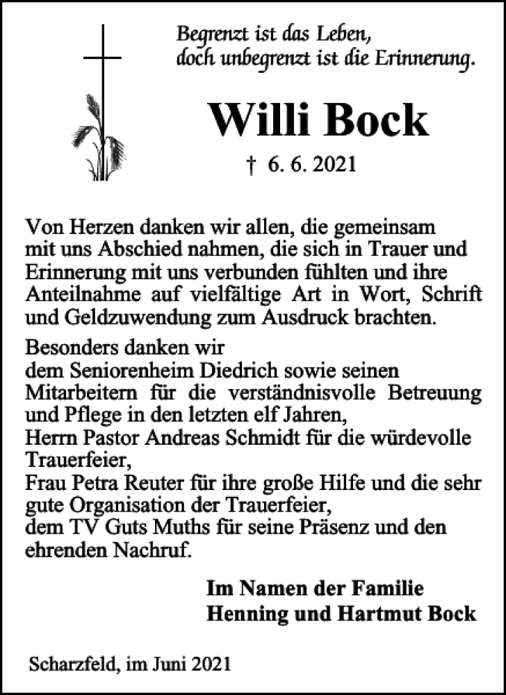  Traueranzeige für Willi Bock vom 26.06.2021 aus Harz Kurier