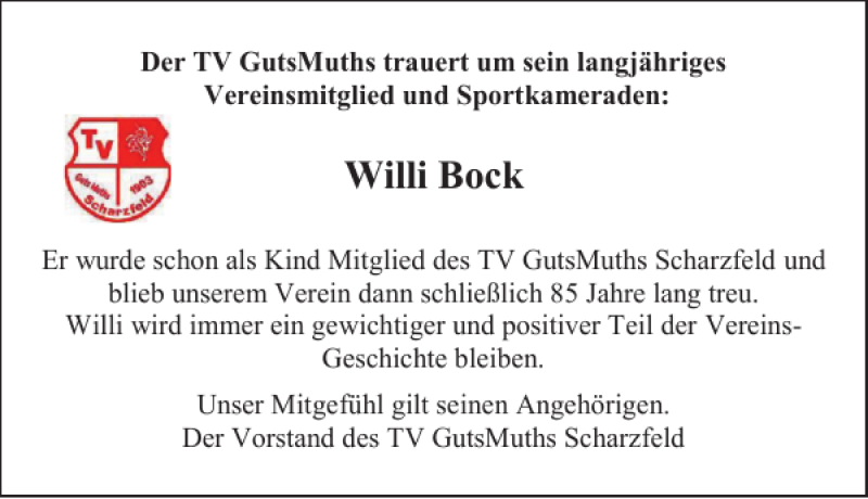  Traueranzeige für Willi Bock vom 17.06.2021 aus Harz Kurier