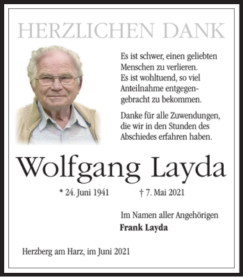 Traueranzeige von Wolfgang Layda von Harz Kurier