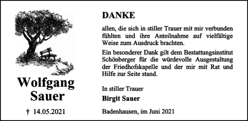  Traueranzeige für Wolfgang Sauer vom 05.06.2021 aus Harz Kurier