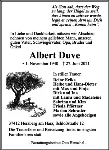 Traueranzeige von Albert Duve von Harz Kurier