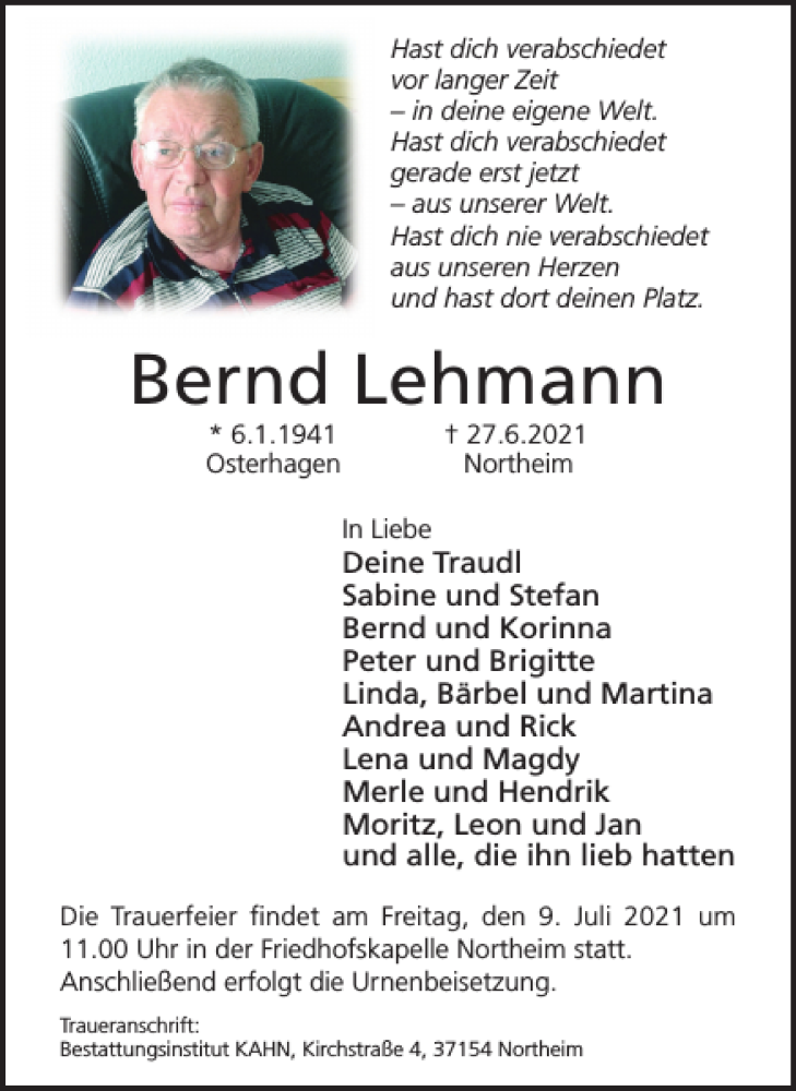  Traueranzeige für Bernd Lehmann vom 03.07.2021 aus Harz Kurier