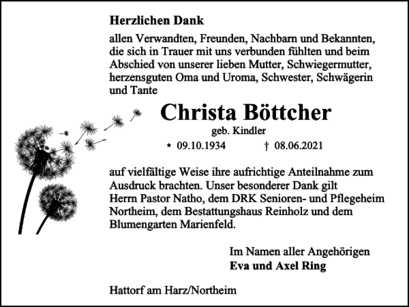  Traueranzeige für Christa Böttcher vom 03.07.2021 aus Harz Kurier