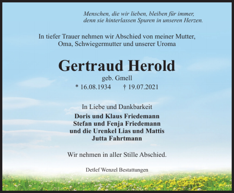  Traueranzeige für Gertraud Herold vom 23.07.2021 aus Harz Kurier