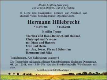 Traueranzeige von Hermann Hillebrecht von Harz Kurier