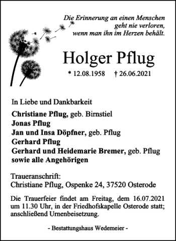 Traueranzeige von Holger Pflug von Harz Kurier