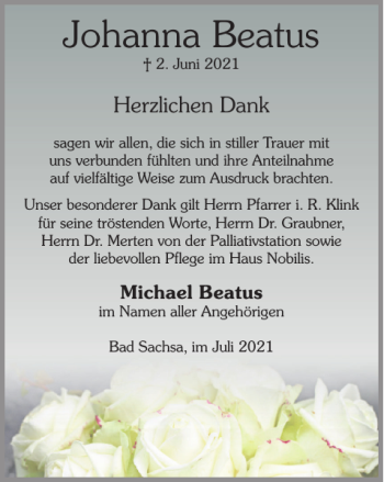 Traueranzeige von Johanna Beatus von Harz Kurier