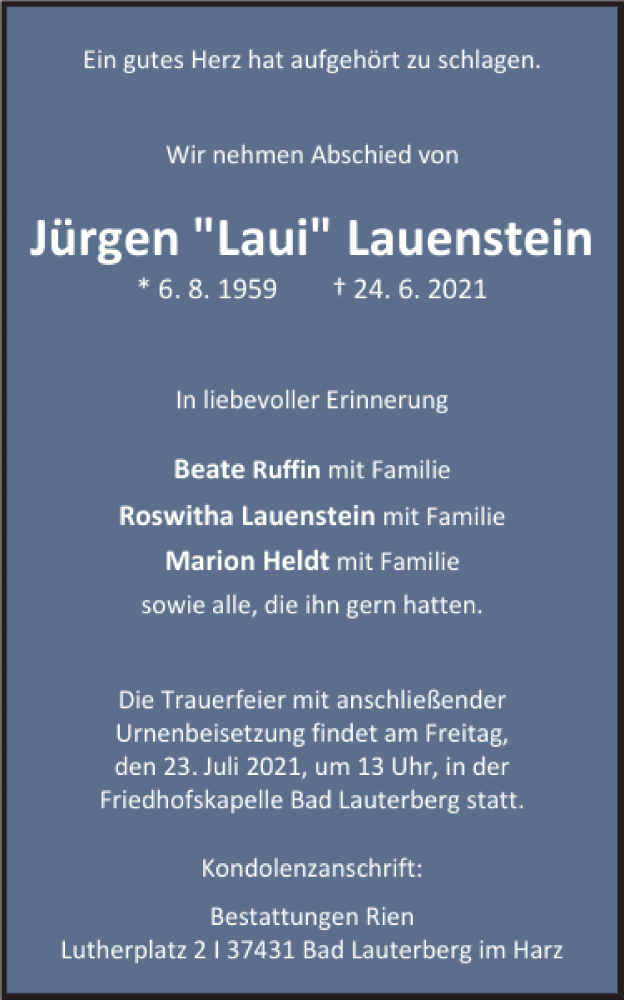  Traueranzeige für Jürgen Laui Lauenstein vom 03.07.2021 aus Harz Kurier