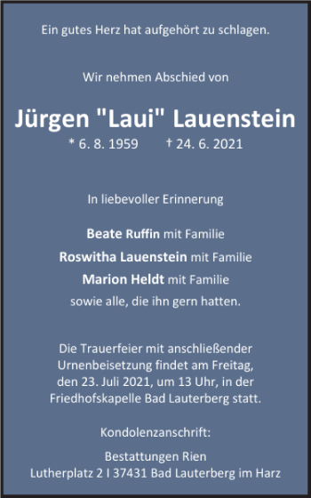Traueranzeige von Jürgen Laui Lauenstein von Harz Kurier