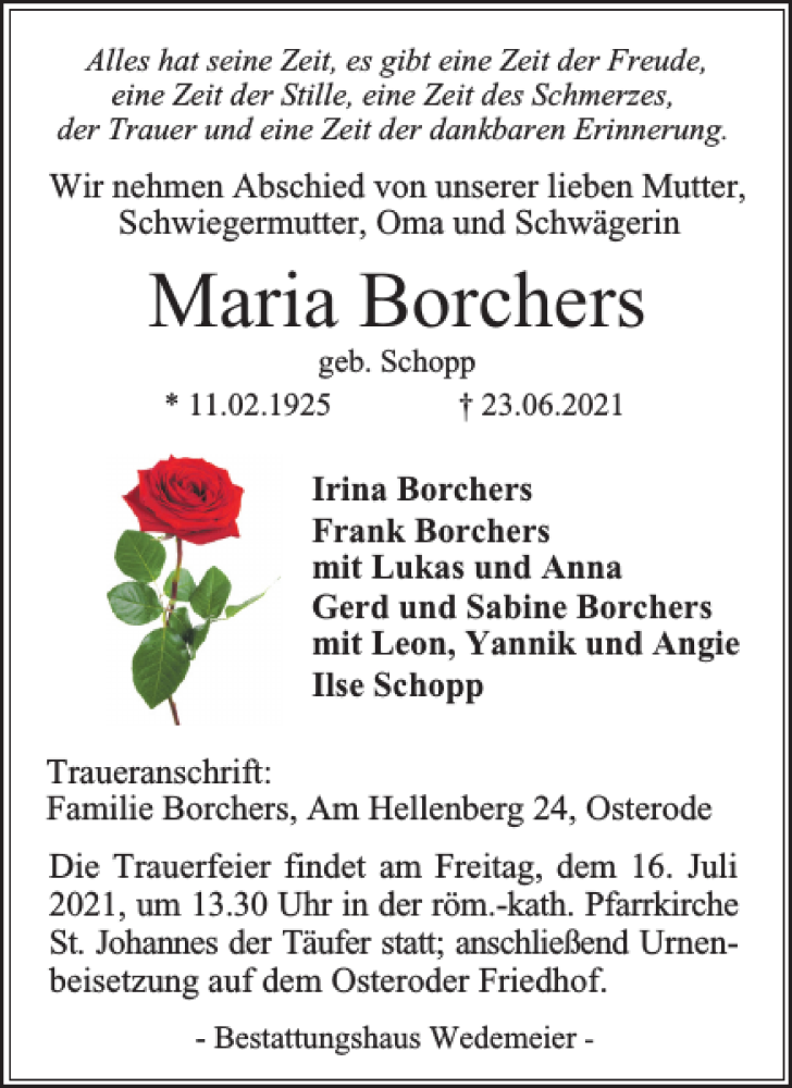  Traueranzeige für Maria Borchers vom 03.07.2021 aus Harz Kurier