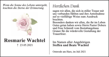 Traueranzeige von Rosmarie Wachtel von Harz Kurier