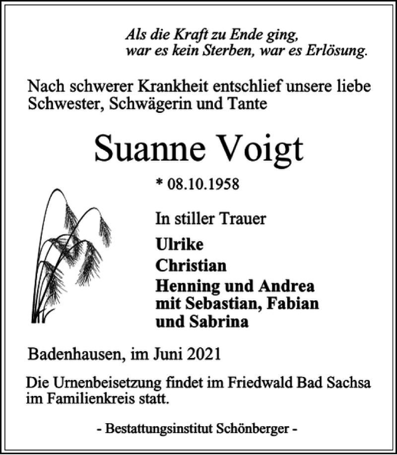  Traueranzeige für Suanne Voigt vom 03.07.2021 aus Harz Kurier