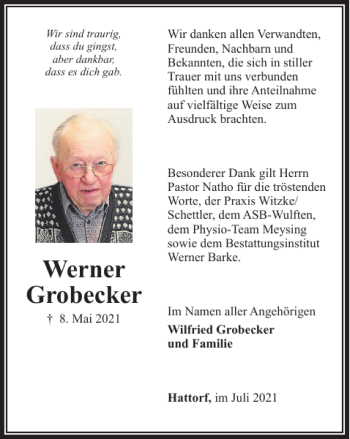 Traueranzeige von Werner Grobecker von Harz Kurier