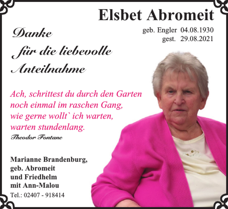  Traueranzeige für Elsbet Abromeit vom 25.09.2021 aus Harz Kurier