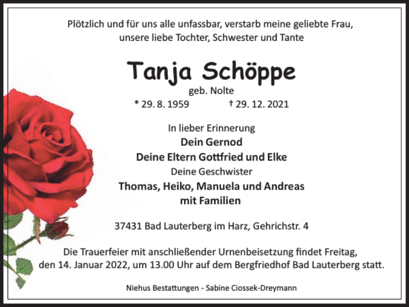  Traueranzeige für Tanja Schöppe vom 04.01.2022 aus Harz Kurier