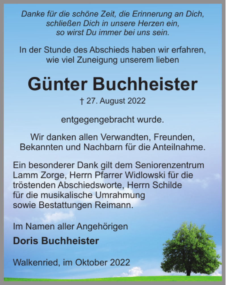  Traueranzeige für Günter Buchheister vom 15.10.2022 aus Harz Kurier