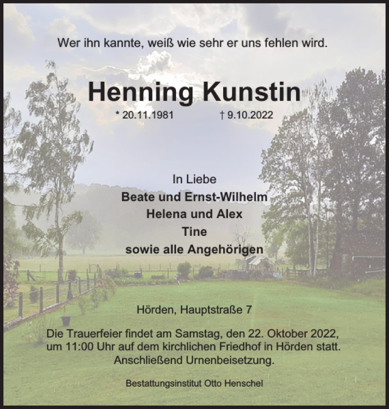  Traueranzeige für Henning Kunstin vom 14.10.2022 aus Harz Kurier