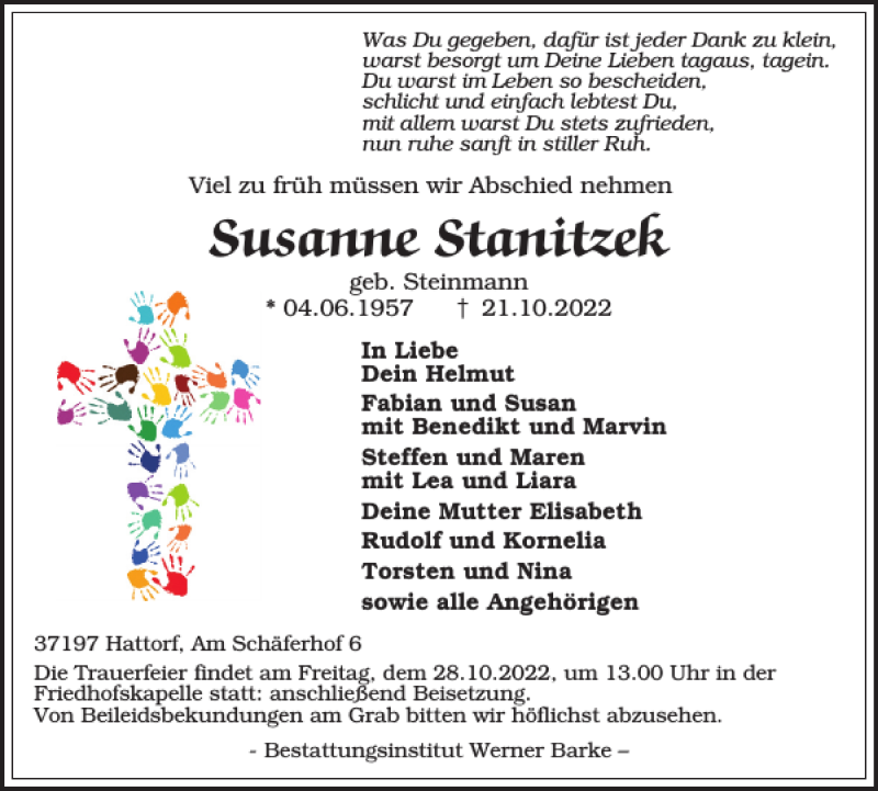  Traueranzeige für Susanne Stanitzek vom 25.10.2022 aus Harz Kurier