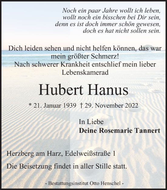 Traueranzeige von Hubert Hanus von Harz Kurier