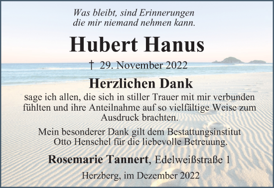 Traueranzeige von Hubert Hanus von Harz Kurier