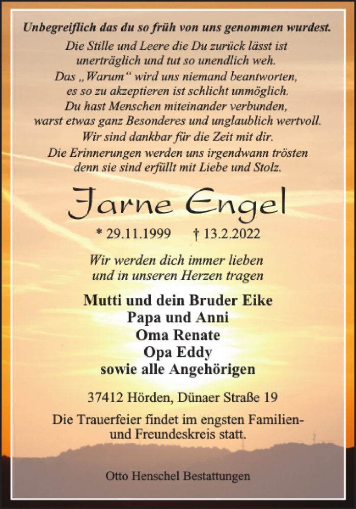  Traueranzeige für Jarne Engel vom 26.02.2022 aus Harz Kurier
