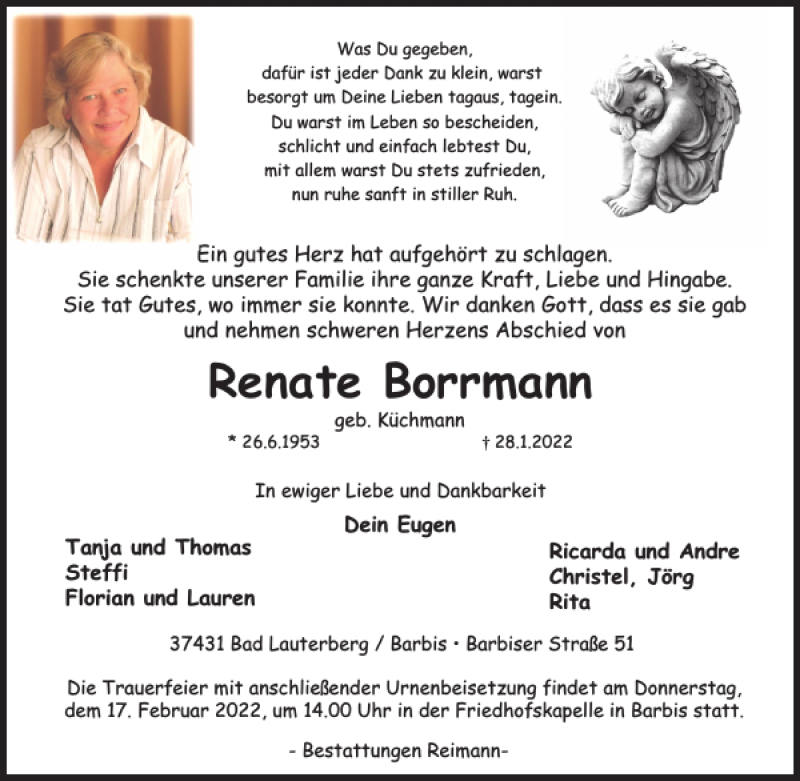  Traueranzeige für Renate Borrmann vom 05.02.2022 aus Harz Kurier