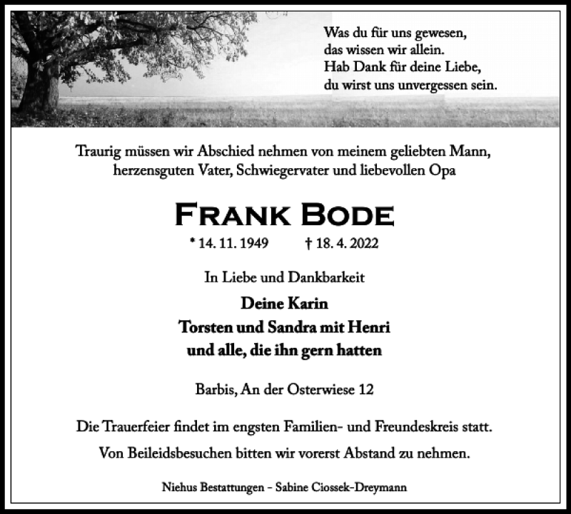  Traueranzeige für Frank Bode vom 22.04.2022 aus Harz Kurier