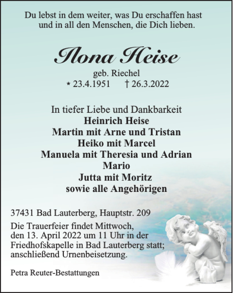  Traueranzeige für Ilona Heise vom 06.04.2022 aus Harz Kurier