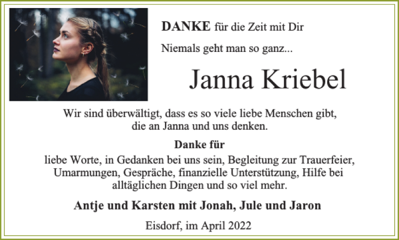  Traueranzeige für Janna Kriebel vom 09.04.2022 aus Harz Kurier