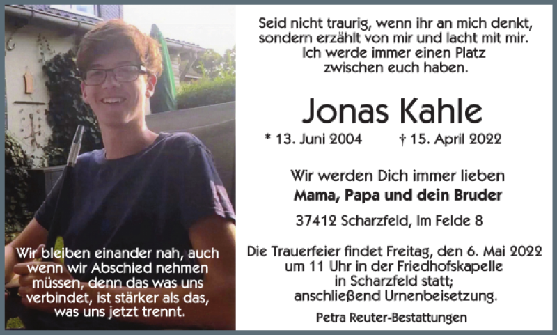  Traueranzeige für Jonas Kahle vom 23.04.2022 aus Harz Kurier