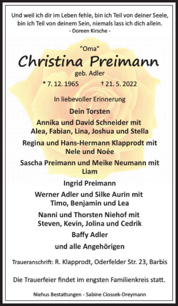  Traueranzeige für Christina Preimann vom 28.05.2022 aus Harz Kurier