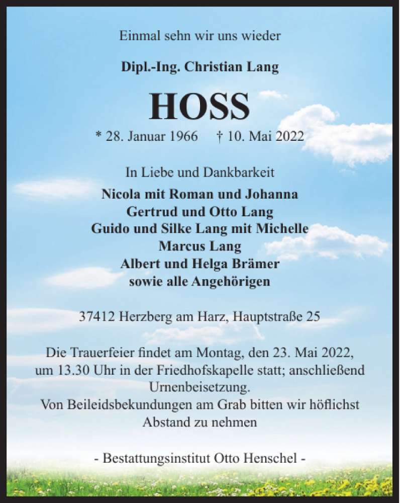  Traueranzeige für Dipl.-Ing. Christian Lang HOSS vom 14.05.2022 aus Harz Kurier