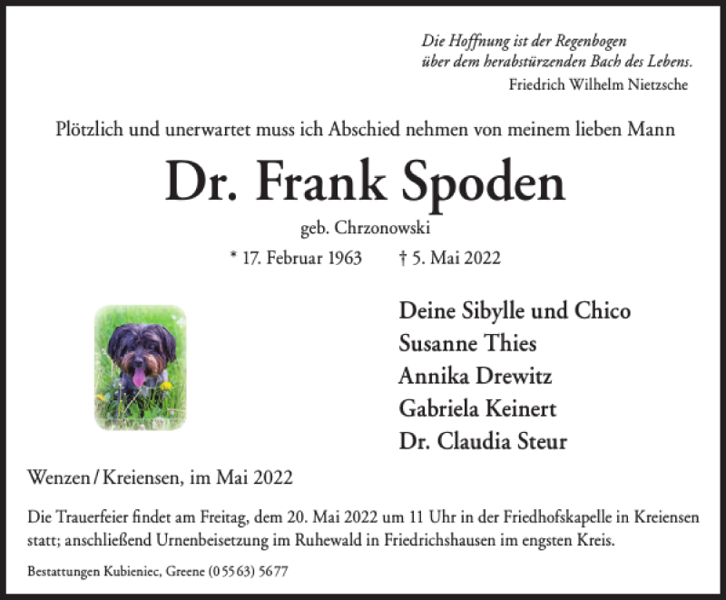  Traueranzeige für Dr. Frank Spoden vom 14.05.2022 aus Harz Kurier