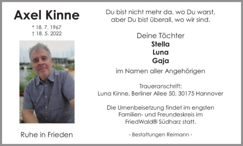  Traueranzeige für Axel Kinne vom 08.06.2022 aus Harz Kurier